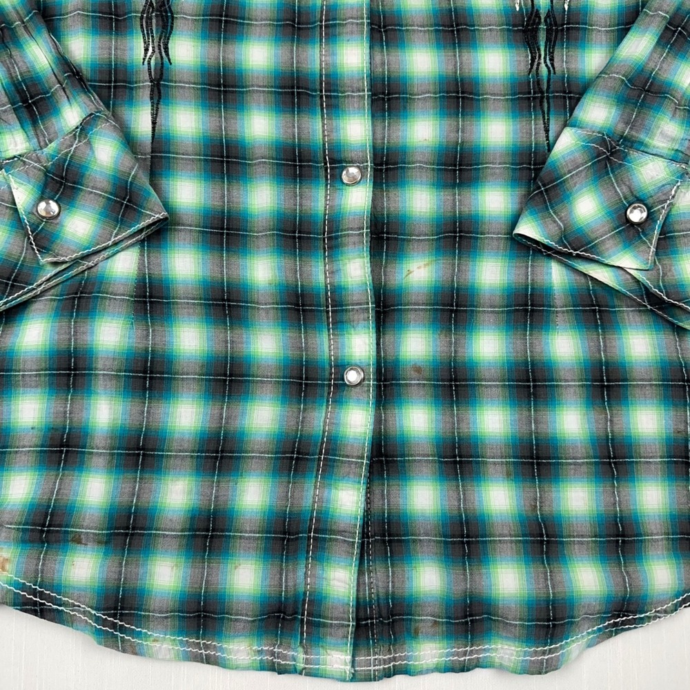 Rock 47 by Wrangler Womens Green Plaid Embroidered Rhinestone Snap Shirt Large - Picture 3 of 9